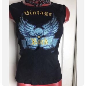 Royal Pink sleeveless top L "VINTAGE ROCK" Sequined Glitttered Eagle